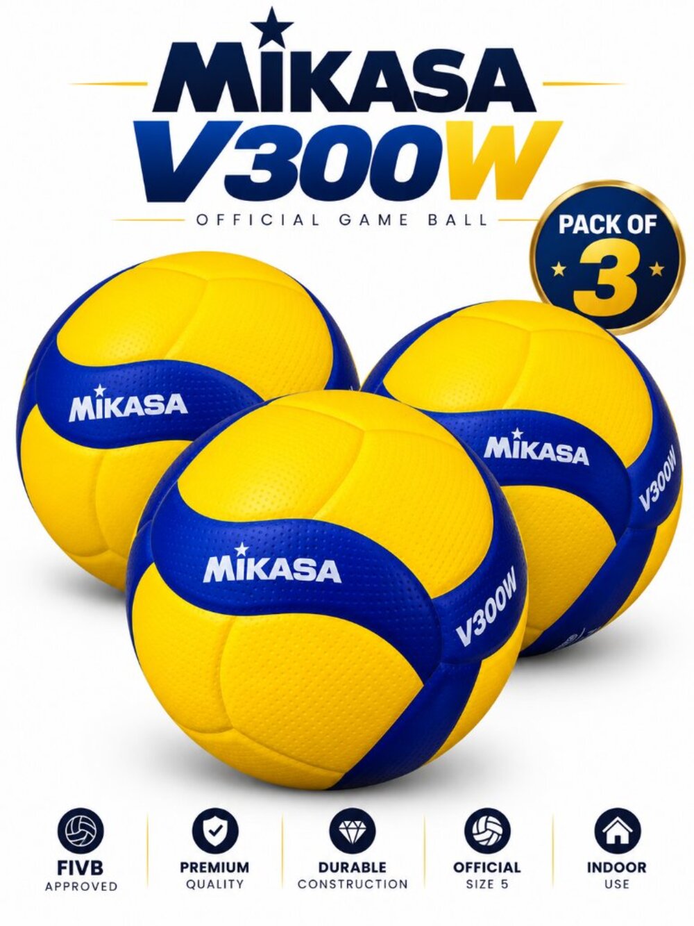 Mikasa V300W FIVB Volleyball Size 5 Blue/Yellow Pack of 3